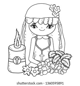 little girl with grapes fruits in communion celebration