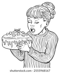 A little girl greedily eats a sweet cake. Childhood and prank. Naughty child. Poor nutrition. Humorous picture. Cartoon vector black and white illustration. Hand drawn style outline