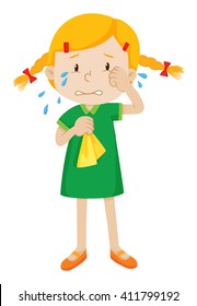 Little girl in green dress crying illustration