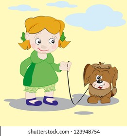 little girl in green dress with dog