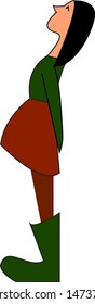 A little girl in green shirt with a red skirt and a green shoes, vector, color drawing or illustration.