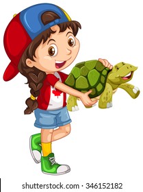 Little girl and green turtle illustration