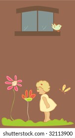 Little girl greeting colorful flowers with empty page for your letters. Vector illustration for kids.Invitation template