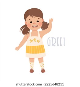 Little Girl Greeting Waving Her Hand Demonstrating Vocabulary and Verb Studying Vector Illustration