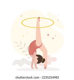 Little girl gymnast in sportswear with sports hoop. Rhythmic gymnastics classes, caucasian little child with sports equipment. Sports section, lesson. Sportswoman performs difficult exercise. vector