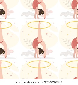 Little girl gymnast in sportswear with sports hoop, sea,less pattern, template. Rhythmic gymnastics classes, caucasian little child with sports equipment. Texture background, wallpaper. Flat vector