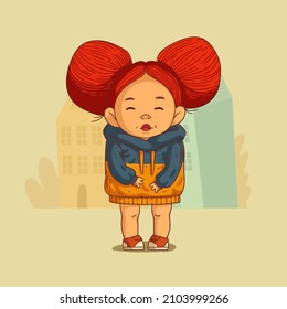 Little girl with hair buns, vector illustration. Cute redhead girl with two big hair buns wearing hooded dress standing against buildings' silhouettes. Cartoon kid, happy toddler, lovely child