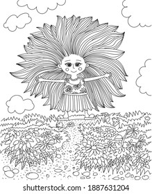 Little girl with hair like the sun on meadow with flowers. Coloring for children.