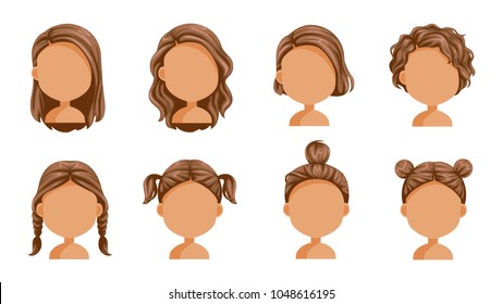 Little girl hair set. face of a little girl. beautiful  hairstyle. child  modern fashion for assortment. long , short , curly hair. salon hairstyles and trendy haircut. vector icon set isolated 