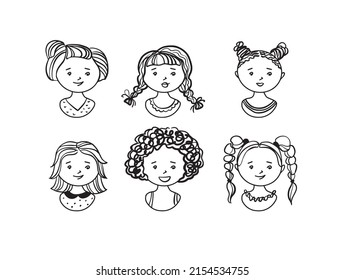 Little girl hair set. The face of a pretty girl. pretty haircut. hair salon and trendy hairstyle. Vector icon set isolated