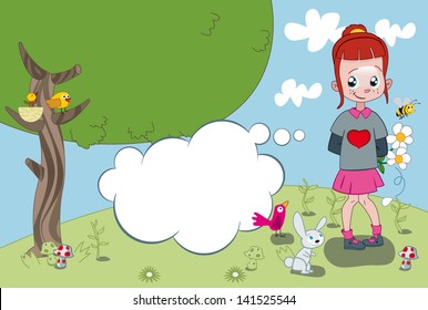 A Little Girl with a half hidden flower bouquet in his han doubted of whether to give it away. Around a landscape with cute animals like a bird, a bunny and a bee.