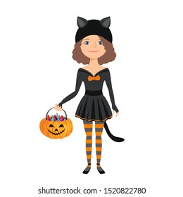 Little girl in halloween black cat costume isolated on white background. Child holds pumpkin basket with sweets. Vector illustration of cute kid character in cartoon simple flat style.