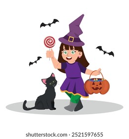 Little girl in halloween costume holding a lollipop, cute black kitten. vector illustration.