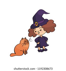 Little girl in a Halloween costume. Vector illustration in doodle style isolated on white background.