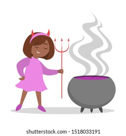 Little girl in halloween devil costume at the pot. Spooky monster outfit for party. Isolated flat illustration