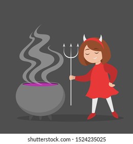 Little girl in halloween devil costume at the pot. Spooky monster outfit for party. Isolated flat illustration
