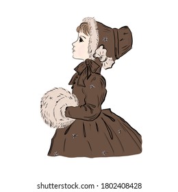 Little girl. Hand drawn vector clip art. illustration for vintage postcard or poster