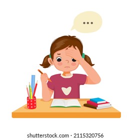 Little girl with hand on her forehead feeling tired, bored and lazy studying, doing her homework at the desk at home