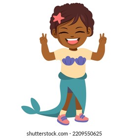 Little girl with handcrafted mermaid costume. Vector illustration of kid with Halloween disguise