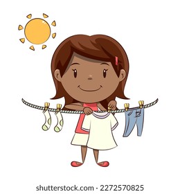 Little girl hanging clothes, child, help, housework, chores