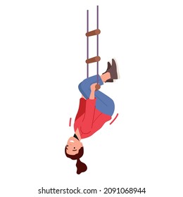 Little Girl Hanging Upside Down On Rope Ladder, Child Swing On Playground, Has Fun And Recreation At Summer Vacation, Kid Female Character Enjoy Freedom, Childhood. Cartoon People Vector Illustration