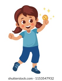 little girl happily Bouncing with a sparkling coin in her hand, holding coin. Child is happy a first of money. allowance of children. Cartoon vector illustration