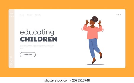 Little Girl Happily Playing and Rejoice Landing Page Template. Childhood, International Children Day, Youth, Fun and Motion Concept. Happy Child Jumping. . Cartoon People Vector Illustration