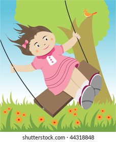 Little girl happily playing with a swing