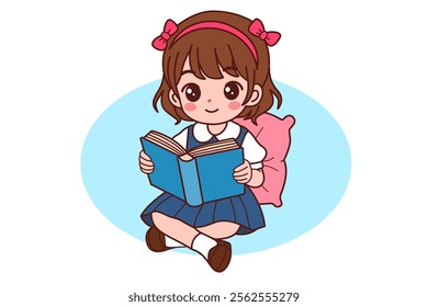 A little girl is happily reading a book.