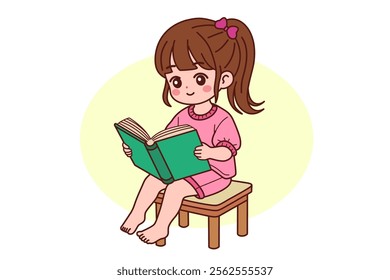 A little girl is happily reading a book.