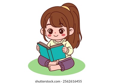 A little girl is happily reading a book.