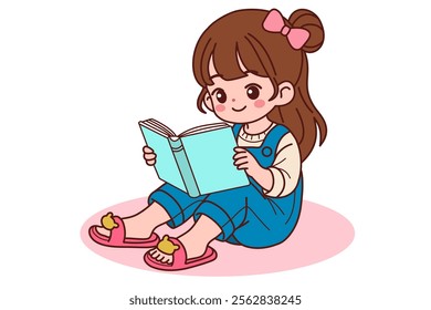 A little girl is happily reading a book.