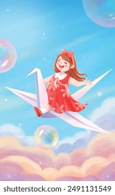 Little girl happily rides on a paper flying crane