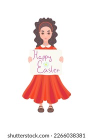 Little girl with Happy Easter poster.