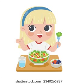 A Little Girl happy to eat salad. She love vegetables and fruits. Healthy foods with benefits. Healthy and vegan food concept.