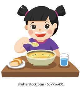  A Little girl happy to eat Spaghetti with Fork on Plate. Asia girl.