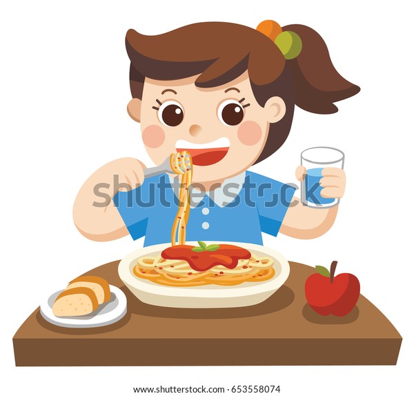 Little Girl Happy Eat Spaghetti Fork Stock Vector (Royalty Free) 653558074