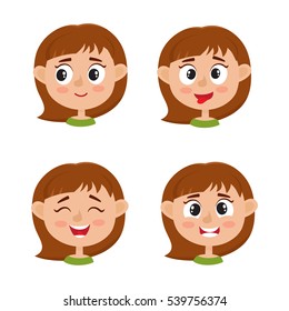 Little girl happy face expression, set of cartoon vector illustrations isolated on white background. Set of happy kid emotion face icons, facial expressions.