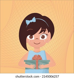 The little girl is happy, holding a gift in her hands. A child with a festive box in his hands on a yellow background. Vector.