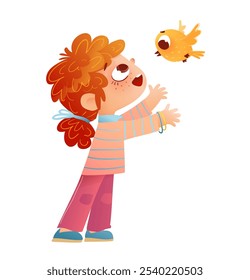 Little girl happy smiling playing with flying bird. Happy cute redhead schoolgirl play with bird and laugh. Children character for school and preschool kids. Vector illustration isolated clip art.