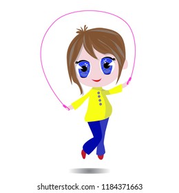 A little girl is happy to train jumping rope. Vector illustration