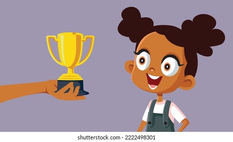 
Little Girl happy to Win a Trophy in School Contest Vector Cartoon. Cute, adorable toddler receiving a prize for good behavior and knowledge
