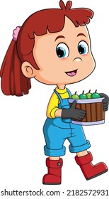 The little girl is harvesting the fruit and putting in the box of illustration