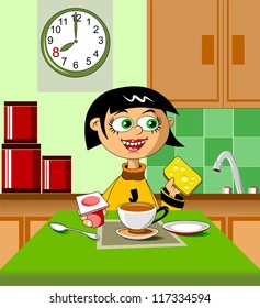 The little girl has breakfast with yogurt and a sandwich (vector);