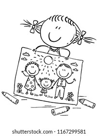 Little girl has drawn a picture of her family, outline vector clipart