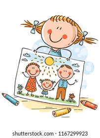 Little girl has drawn a picture of her family, colorful vector clipart