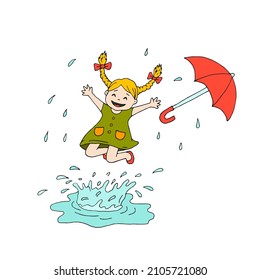 A little girl has fun jumping in the puddles in the rain. Fun, happiness, emotion. Weather. Rain and puddles. Umbrella. Happy child on a walk. Doodle. Drawn by hand.