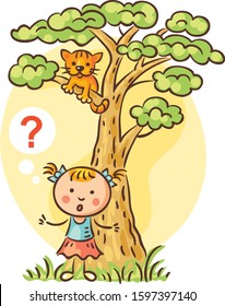 Little girl has lost her kitten, which is on a tree above, vector illustration