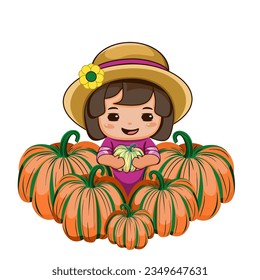 Niña pequeña en el sombrero con calabazas ilustraciones vectoriales 