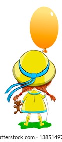 Little girl in a hat and a raincoat holding a toy and a balloon, vector illustration